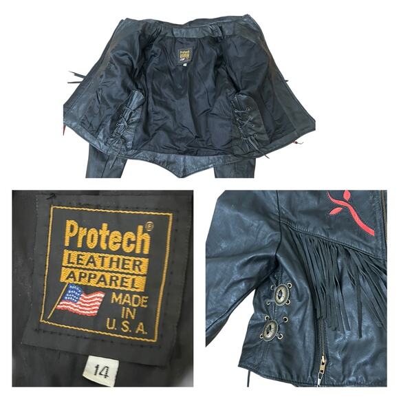 Vintage Black Leather Fringe Jacket with Red Rose inlay Embroidery / Medium - - Picture 4 of 5